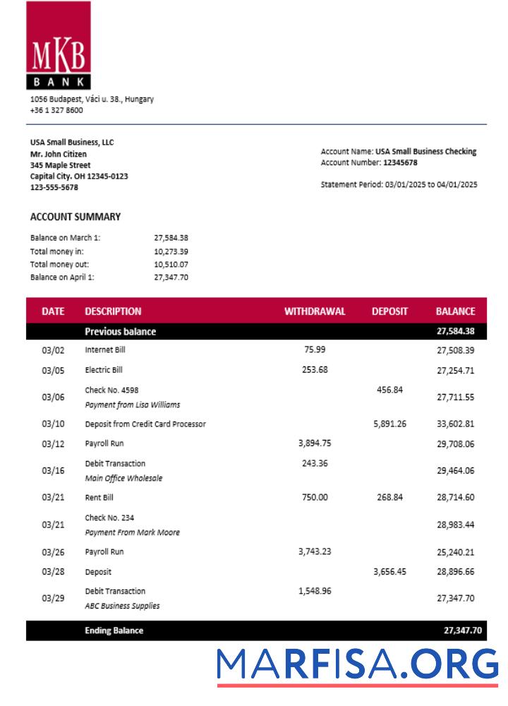 Downloadable Hungary MKB bank business account statement Word and PDF template